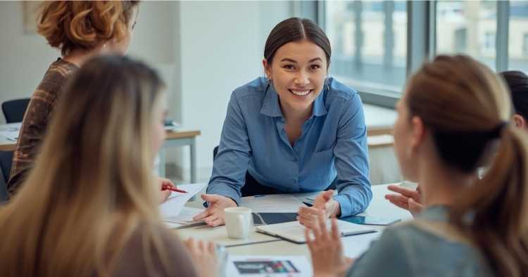 Trainer engaging learners through interactive workplace training.