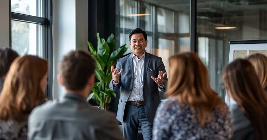 Delegate practising training delivery in a supportive group.