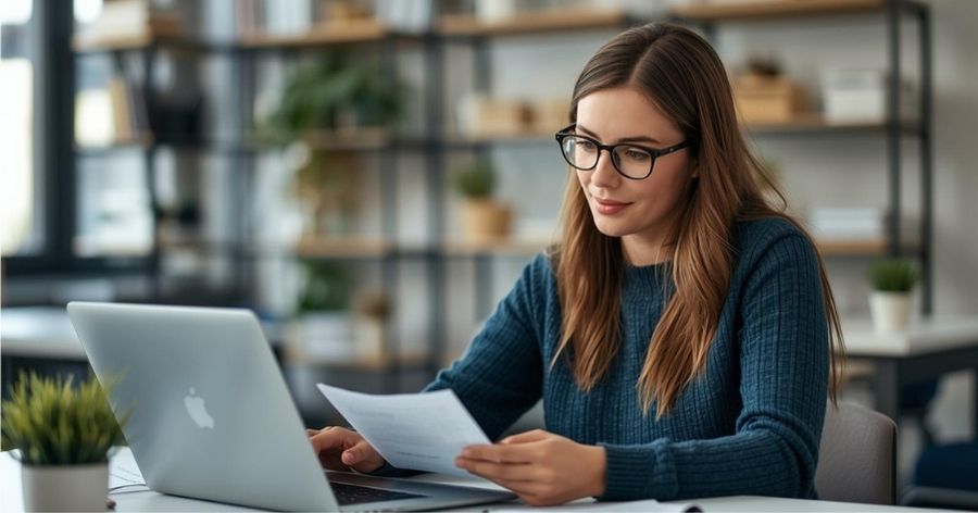 Trainer accessing ongoing learning resources in a professional setting.