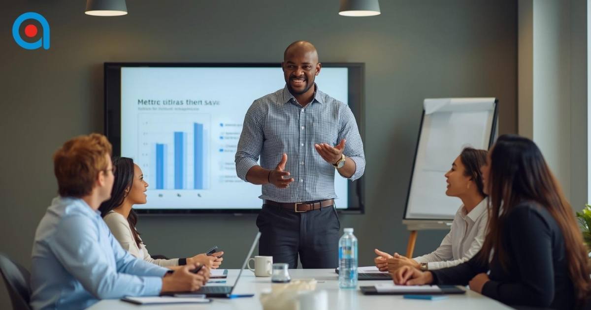 Confident trainer delivering engaging workplace training.