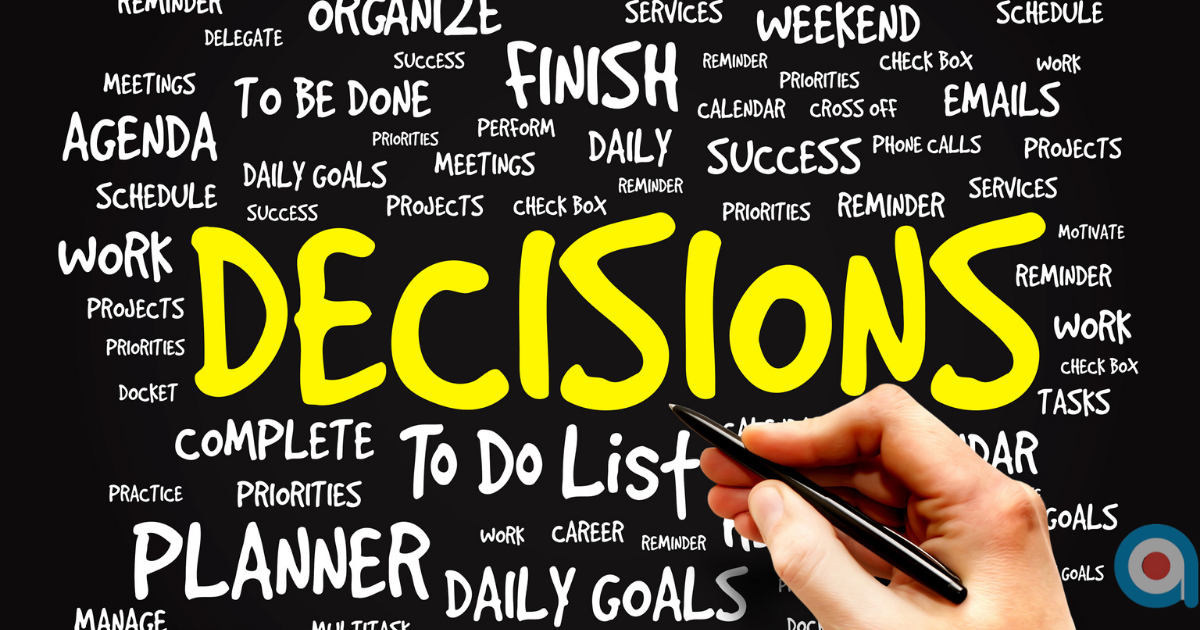 Hand writing 'DECISIONS' surrounded by productivity words.