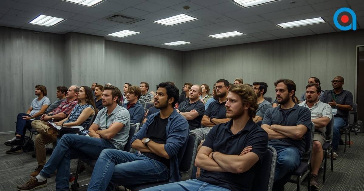 Group of people seated and listening in a conference room.