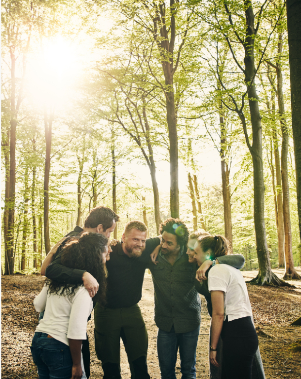 Team building group huddle in forest setting